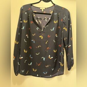 Joie Navy with Butterflies Long Sleeve Blouse